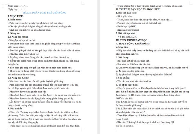 Giáo án Khoa học tự nhiên 6 Bài 22: Phân loại thế giới sống