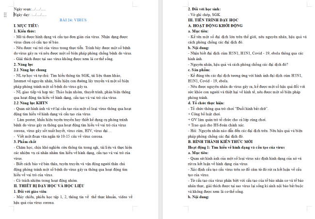 Giáo án Khoa học tự nhiên 6 Bài 24: Virus
