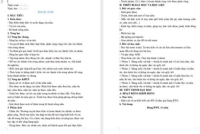 Giáo án Khoa học tự nhiên 6 Bài 28: Nấm