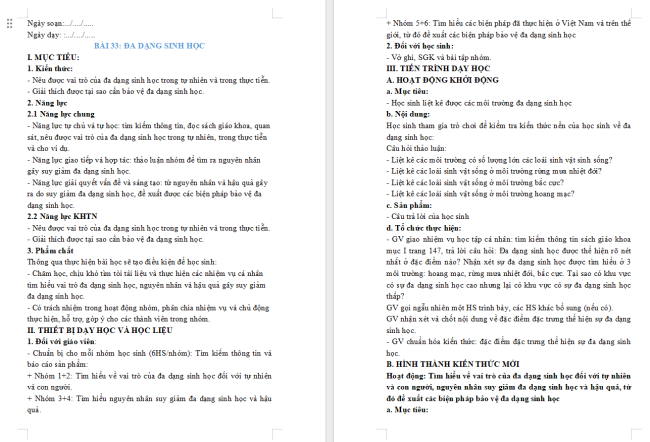 Giáo án Khoa học tự nhiên 6 Bài 33: Đa dạng sinh học