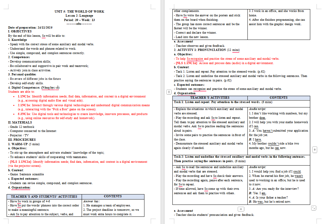 Giáo án Tiếng Anh 12 Unit 4: Language