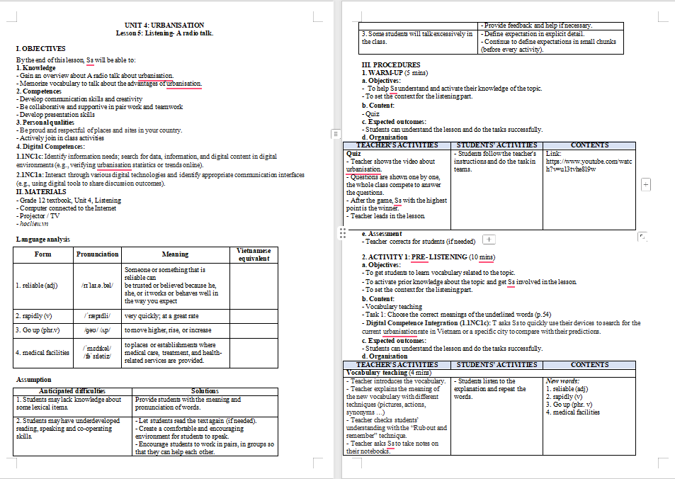 Giáo án Tiếng Anh 12 Unit 4: Listening