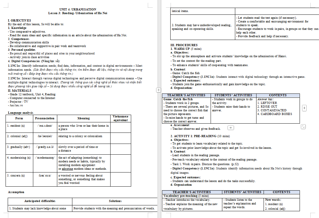Giáo án Tiếng Anh 12 Unit 4: Reading