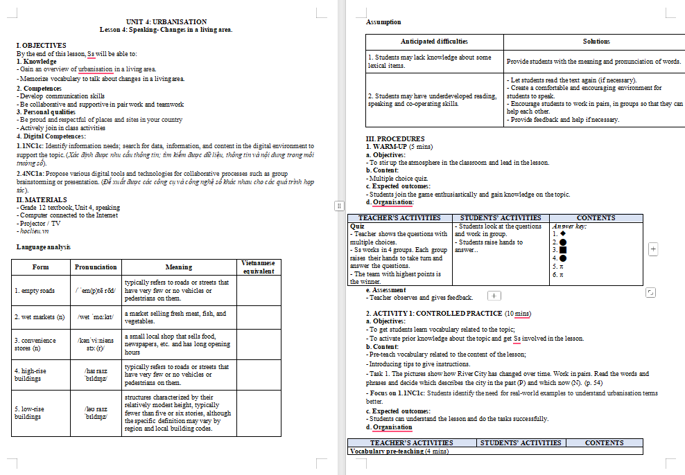 Giáo án Tiếng Anh 12 Unit 4: Speaking