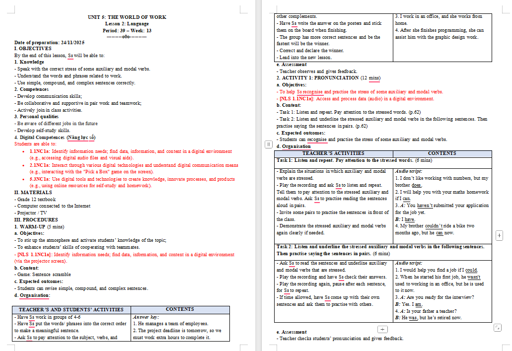 Giáo án Tiếng Anh 12 Unit 5: Language