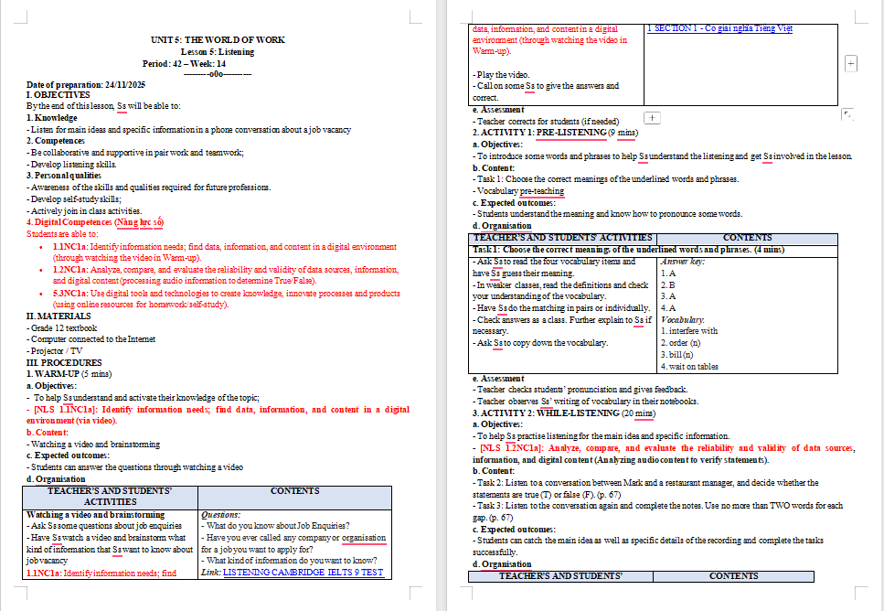 Giáo án Tiếng Anh 12 Unit 5: Listening