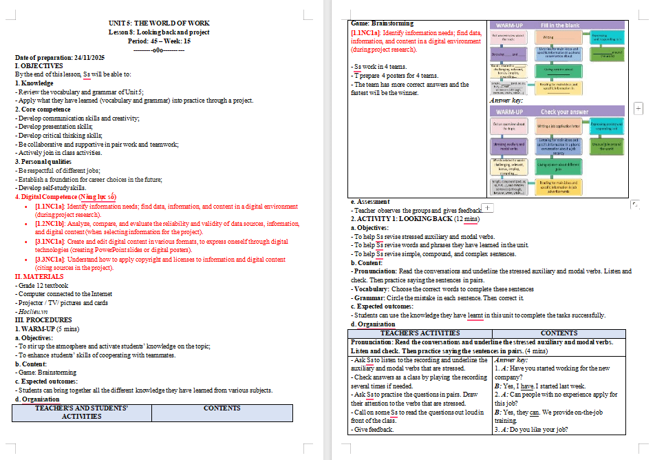 Giáo án Tiếng Anh 12 Unit 5: Looking Back