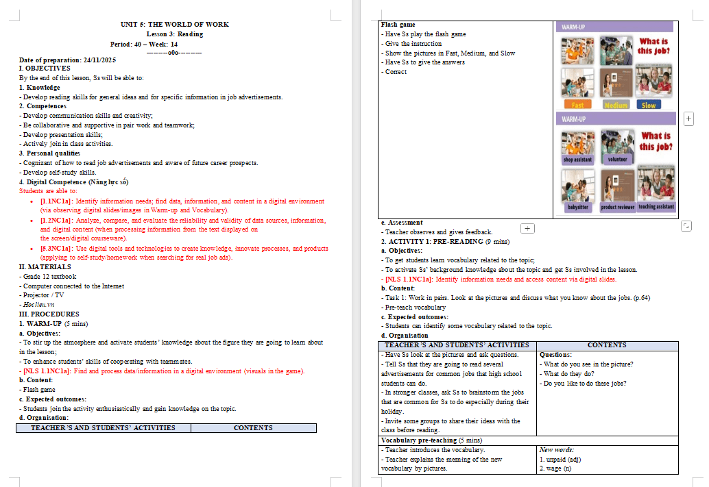 Giáo án Tiếng Anh 12 Unit 5: Reading