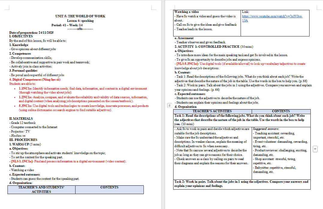 Giáo án Tiếng Anh 12 Unit 5: Speaking
