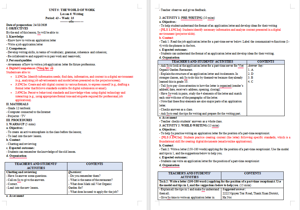 Giáo án Tiếng Anh 12 Unit 5: Writing