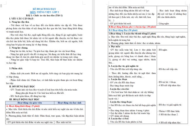 Giáo án Tiếng Việt 3 Bài 1: Chiếc áo của hoa đào
