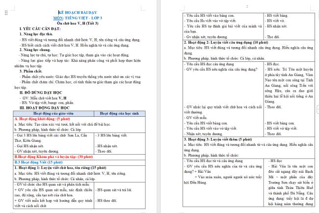 Giáo án Tiếng Việt 3 Bài 1: Ôn chữ hoa V, H