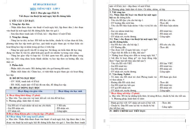 Giáo án Tiếng Việt 3 Bài 2: Viết đoạn văn thuật lại một ngày hội đã chứng kiến