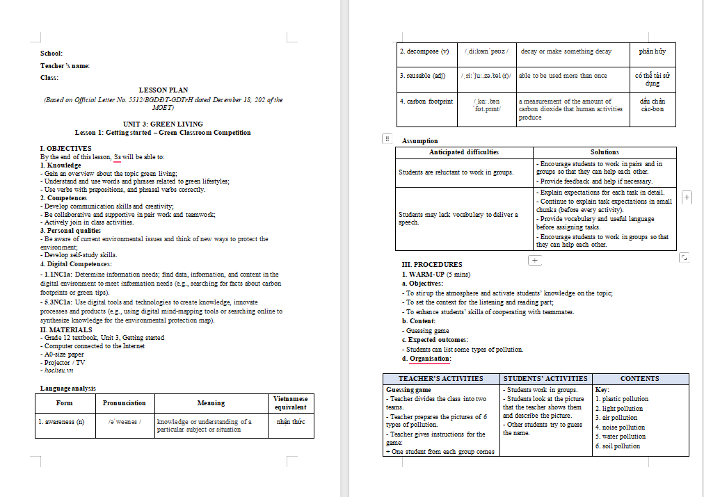 Giáo án Tiếng Anh 12 Unit 3: Getting Started