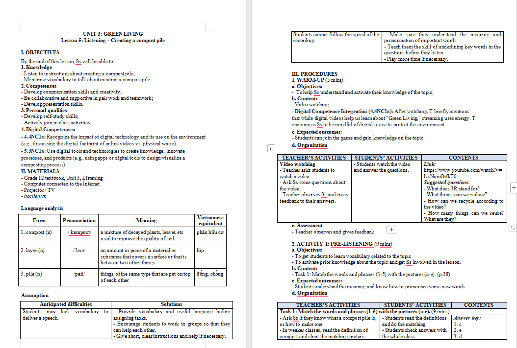 Giáo án Tiếng Anh 12 Unit 3: Listening