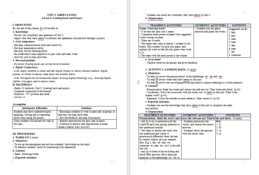Giáo án Tiếng Anh 12 Unit 3: Looking Back