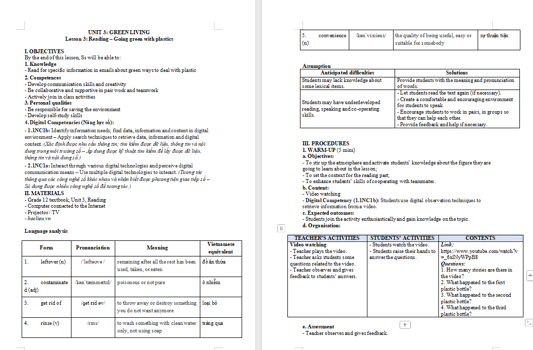 Giáo án Tiếng Anh 12 Unit 3: Reading