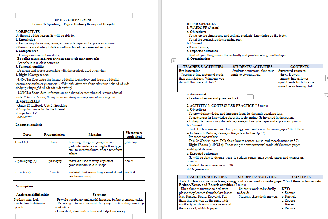Giáo án Tiếng Anh 12 Unit 3: Speaking