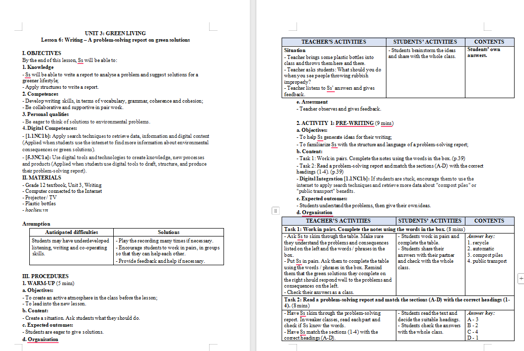 Giáo án Tiếng Anh 12 Unit 3: Writing