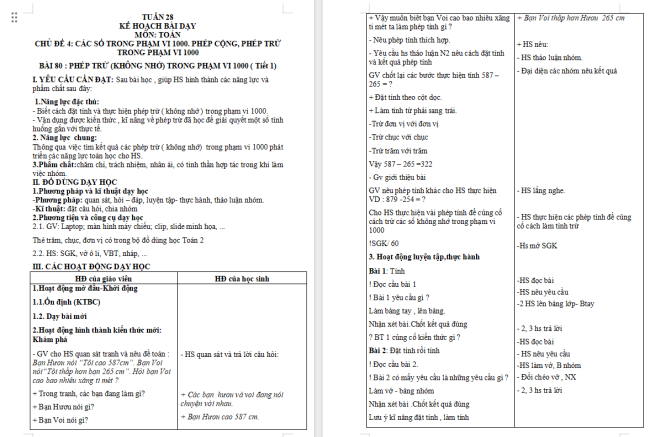 Giáo án Toán 2: Phép trừ (không nhớ) trong phạm vi 1000