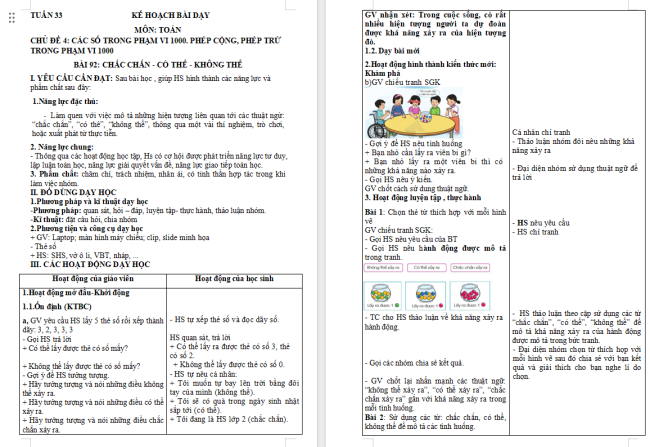 Giáo án Toán 2: Chắc chắn - Có thể - Không thể