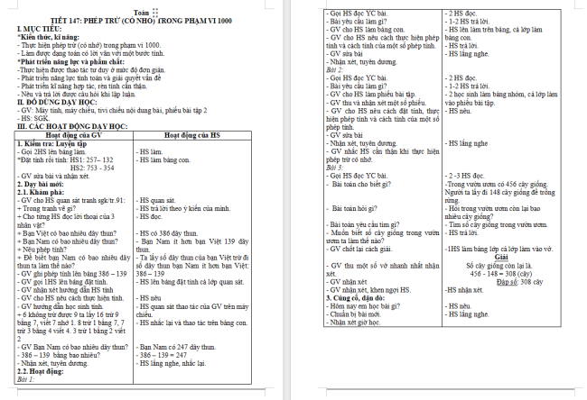 Giáo án Toán 2 Bài 62: Phép trừ (có nhớ) trong phạm vi 1000