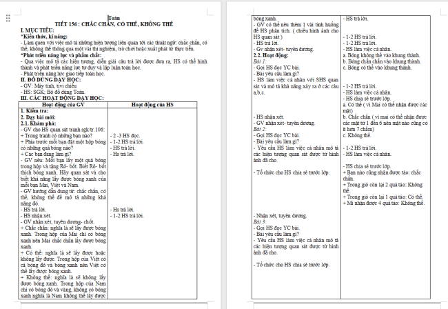 Giáo án Toán 2 Bài 66: Chắc chắn, có thể, không thể