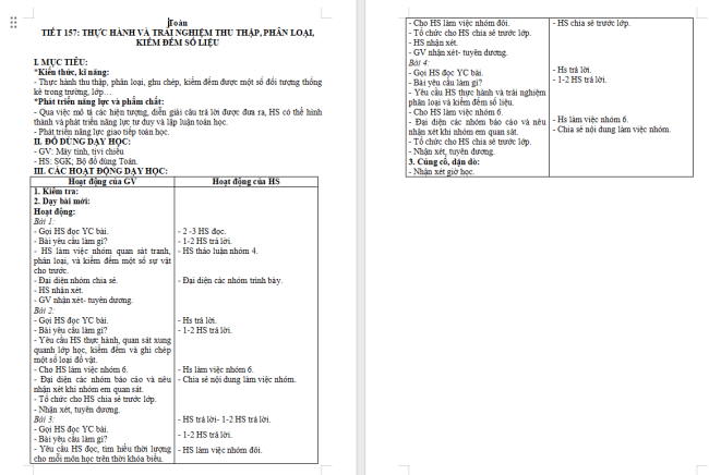 Giáo án Toán 2 Bài 67: Thực hành và trải nghiệm thu thập, phân loại, kiểm đếm số liệu
