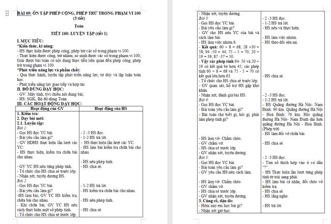 Giáo án Toán 2 Bài 69: Ôn tập phép cộng, phép trừ trong phạm vi 100