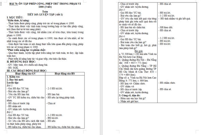 Giáo án Toán 2 Bài 70: Ôn tập phép cộng, phép trừ trong phạm vi 1000