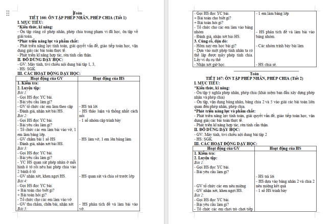 Giáo án Toán 2 Bài 71: Ôn tập phép nhân, phép chia
