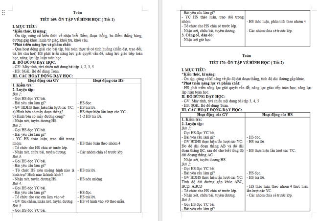 Giáo án Toán 2 Bài 72: Ôn tập hình học