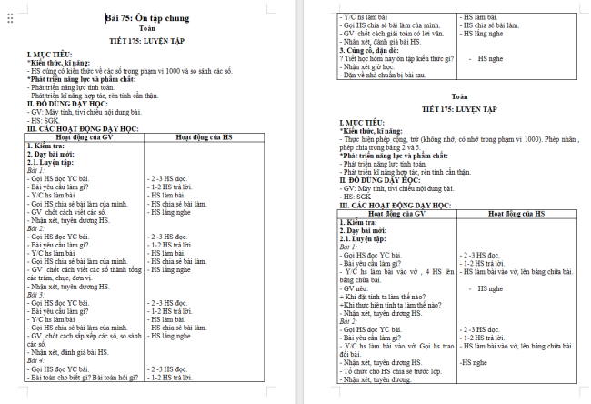 Giáo án Toán 2 Bài 75: Ôn tập chung
