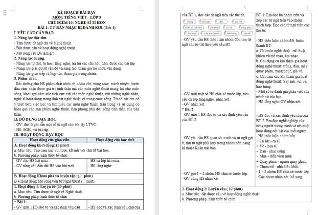 Giáo án Tiếng Việt 3 Bài 1: Mở rộng vốn từ Nghệ thuật