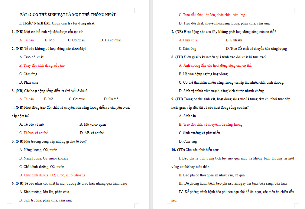 Bài tập Khoa học tự nhiên 7 Bài 42