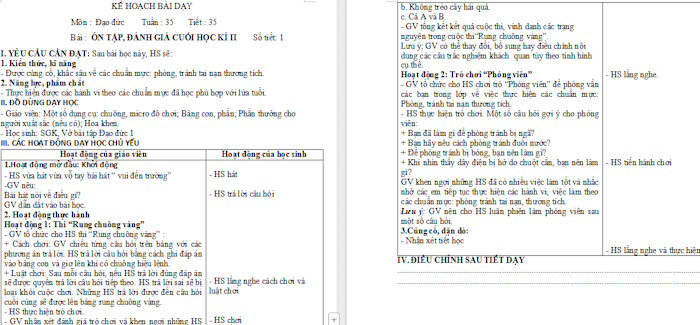 Giáo án Đạo đức 1 Ôn tập cuối học kì 2