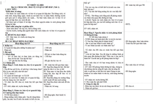 Giáo án Tự nhiên và xã hội 2 Bài 24: Chăm sóc, bảo vệ cơ quan hô hấp
