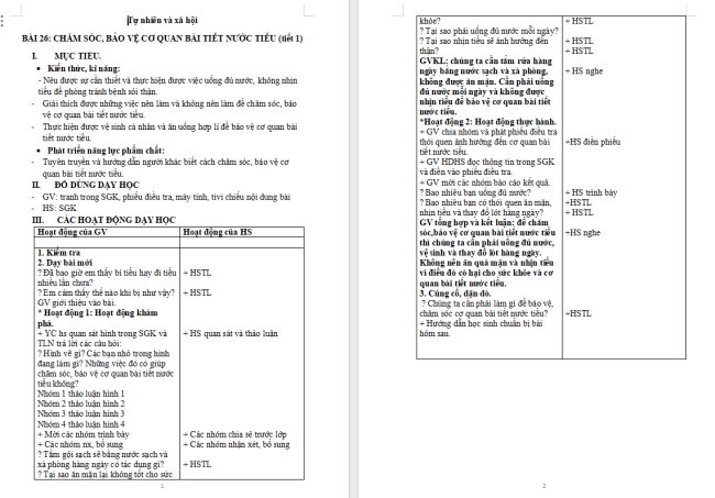 Giáo án Tự nhiên và xã hội 2 Bài 26: Chăm sóc, bảo vệ cơ quan bài tiết nước tiểu