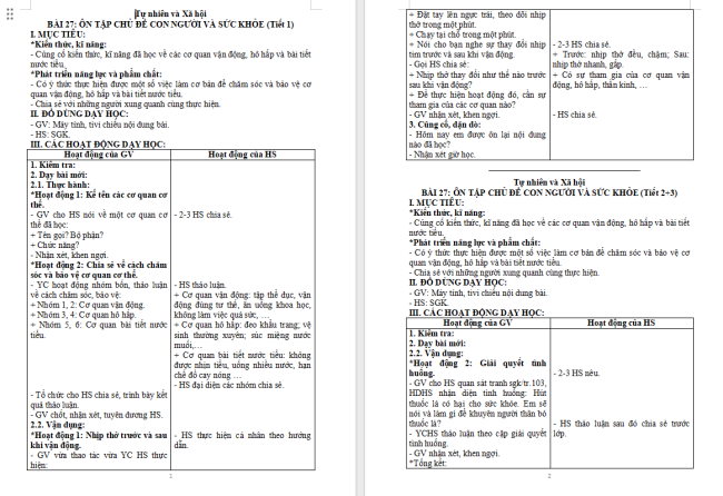 Giáo án Tự nhiên và xã hội 2 Bài 27: Ôn tập chủ đề Con người và sức khoẻ