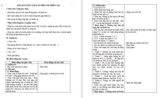 Giáo án Tự nhiên và xã hội 2 Bài 30: Luyện tập ứng phó với thiên tai