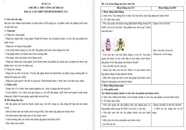 Giáo án Công nghệ 4 Bài 10: Lắp ghép mô hình Robot