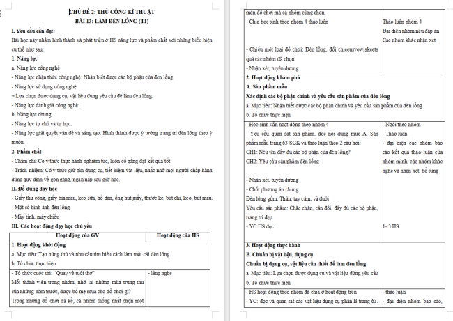 Giáo án Công nghệ 4 Bài 13: Làm đèn lồng