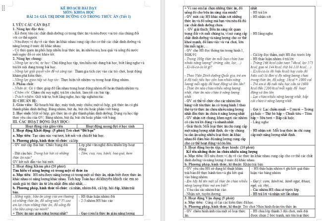 Giáo án Khoa học 4 Bài 24: Giá trị dinh dưỡng có trong thức ăn