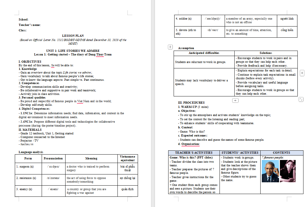 Giáo án Tiếng Anh 12 Unit 1: Getting Started