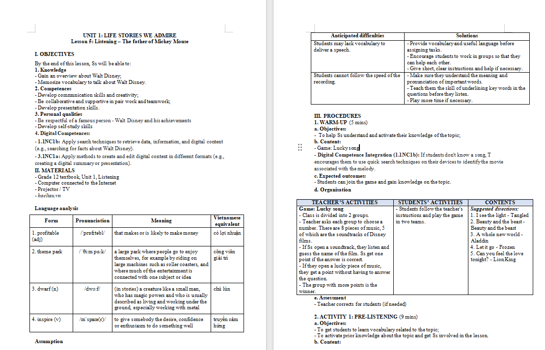 Giáo án Tiếng Anh 12 Unit 1: Listening 