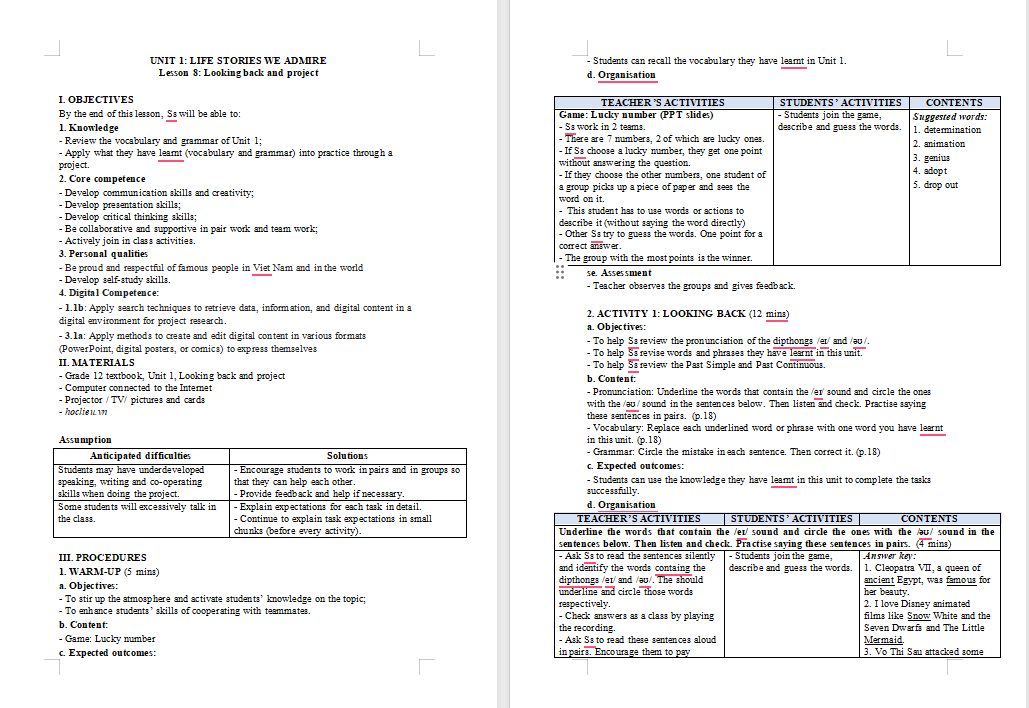 Giáo án Tiếng Anh 12 Unit 1: Looking Back