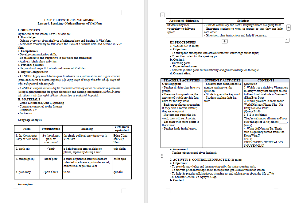 Giáo án Tiếng Anh 12 Unit 1: Speaking