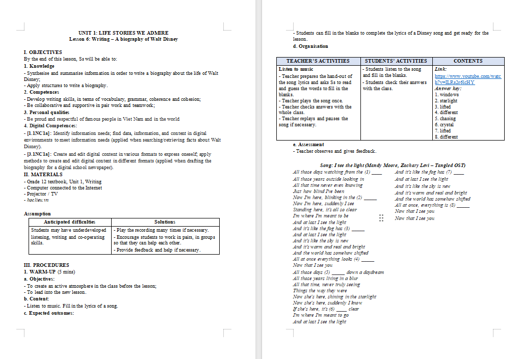 Giáo án Tiếng Anh 12 Unit 1: Writing