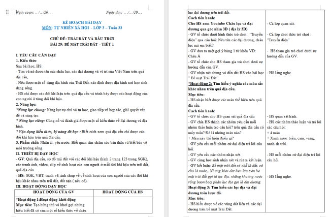 Giáo án Tự nhiên và xã hội 3 Bài 29: Bề mặt Trái Đất