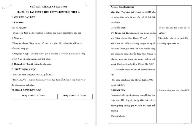 Giáo án Tự nhiên và xã hội 3 Bài 30: Ôn tập chủ đề Trái Đất và bầu trời